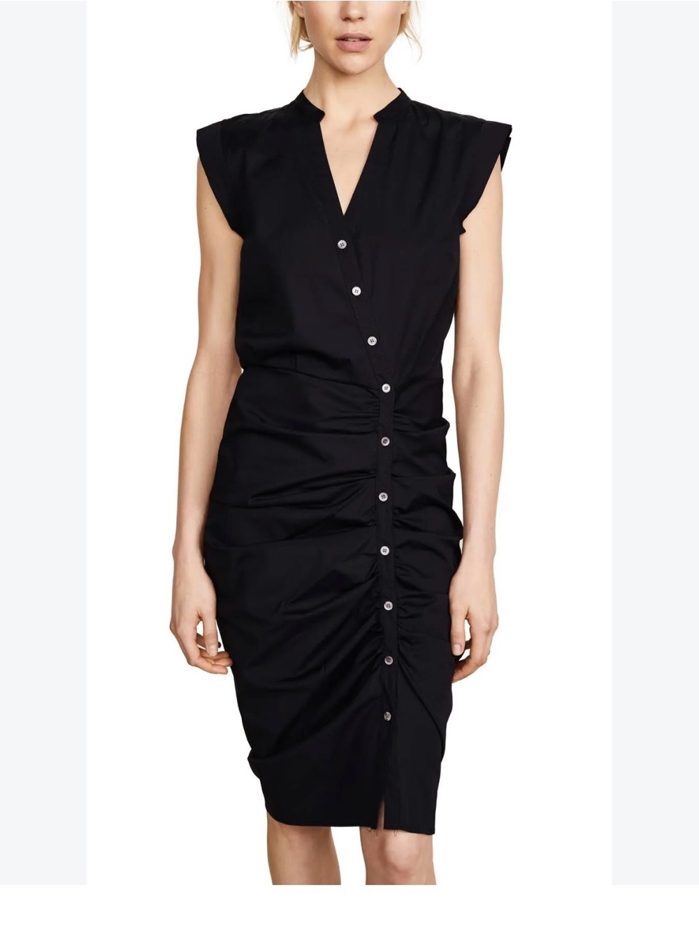 Veronica Beard Black Ruched Button-Front Midi Dress